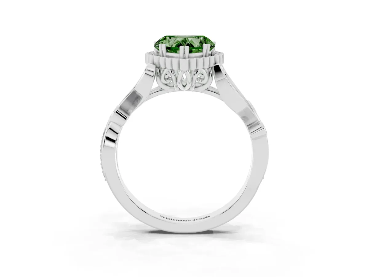 Fancy Green Heart Cut Diamond Halo Ring with Vintage Split Shank and Four-Prong Setting Silver