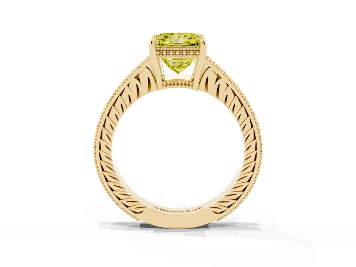 Fancy Yellow Princess Cut Solitaire Pavé Diamond Milgrain Engagement Ring with Four-Prong Setting Yellow gold