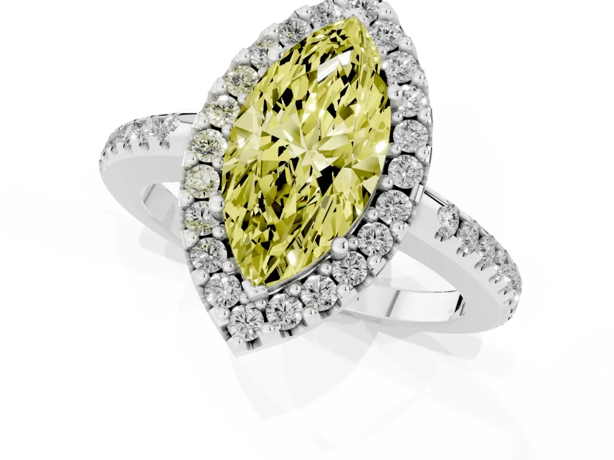 Fancy Yellow Marquise Cut Diamond Pavé Halo Ring with Four-Prong Setting Silver