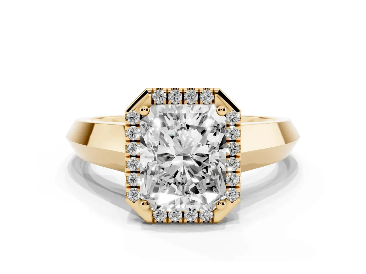 Radiant Cut Halo Diamond Ring with Cathedral Band and Four-Prong Setting Yellow gold