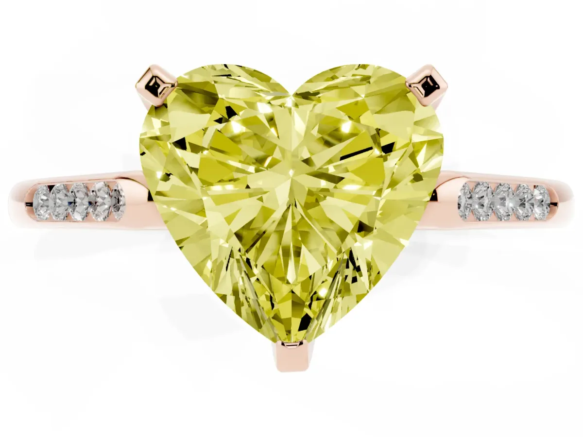 Fancy Yellow Heart Cut Diamond Solitaire Ring with Channel Set Round Band and Prong Setting Rose gold