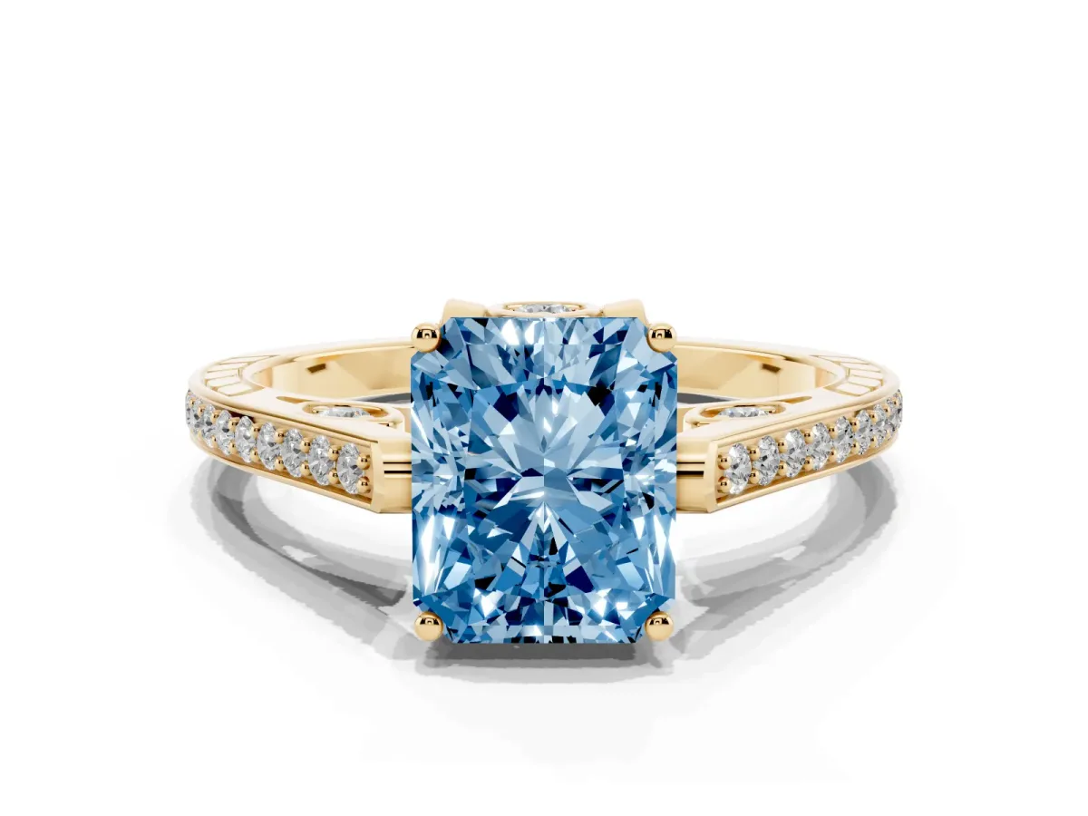 Fancy Blue Radiant Cut Cut Cathedral Pave Diamond Engagement Ring with Six-Prong Setting Yellow gold