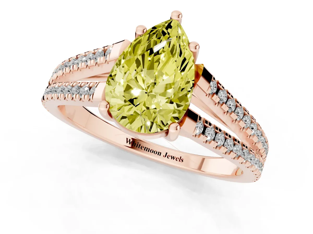 Fancy Yellow Pear Cut Diamond Solitaire Engagement Ring with Split Shank Pavé Band Rose gold