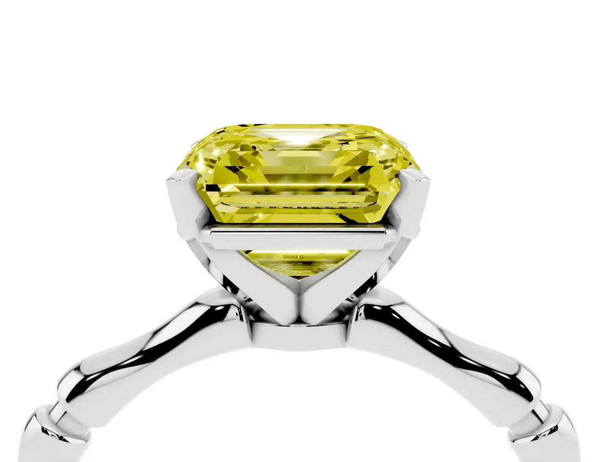 Fancy Yellow Asscher Cut Solitaire Diamond Ring with Bamboo Band and Four-Prong Setting Platinum