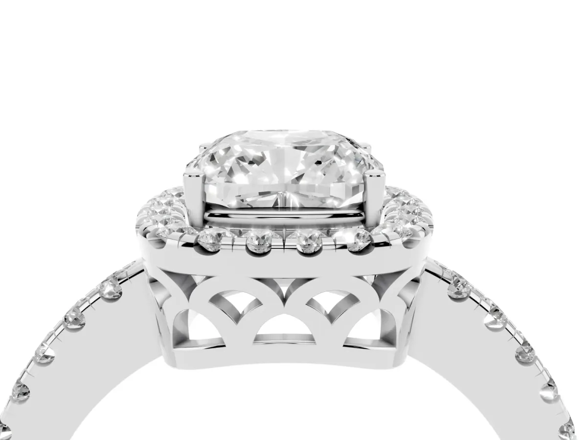 Cushion Cut Halo Diamond Engagement Ring with Pavé Band and Four-Prong Setting Silver