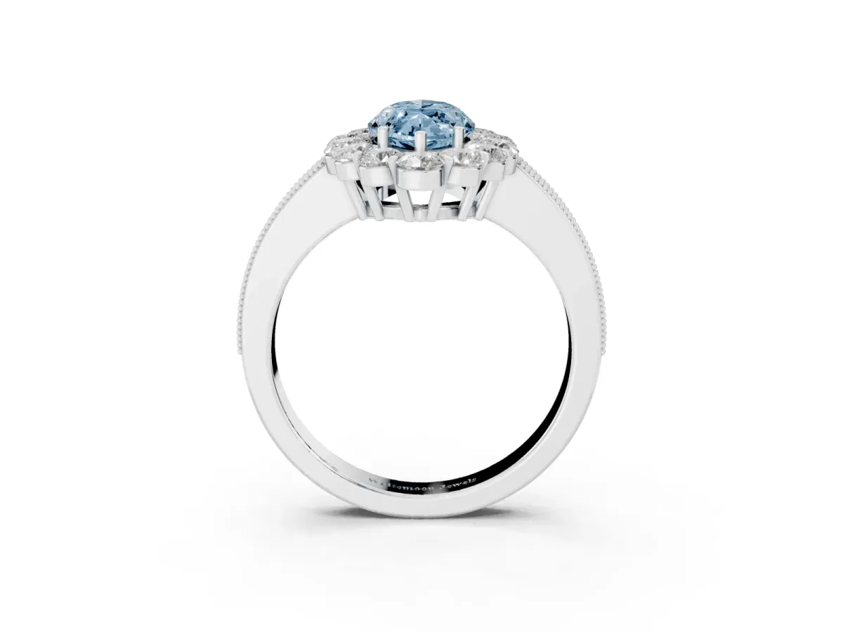 Fancy Blue Marquise Cut Cut Halo Diamond Pavé Engagement Ring with Milgrain Detailing Silver