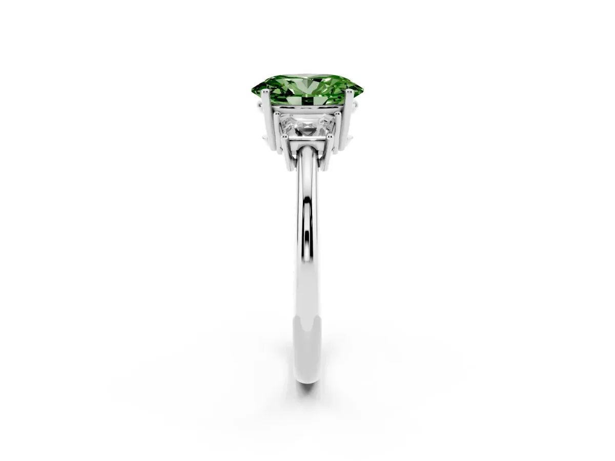Fancy Green Oval Cut Diamond Three-Stone Ring with Trapezoid Side Stones and Prong Setting Platinum