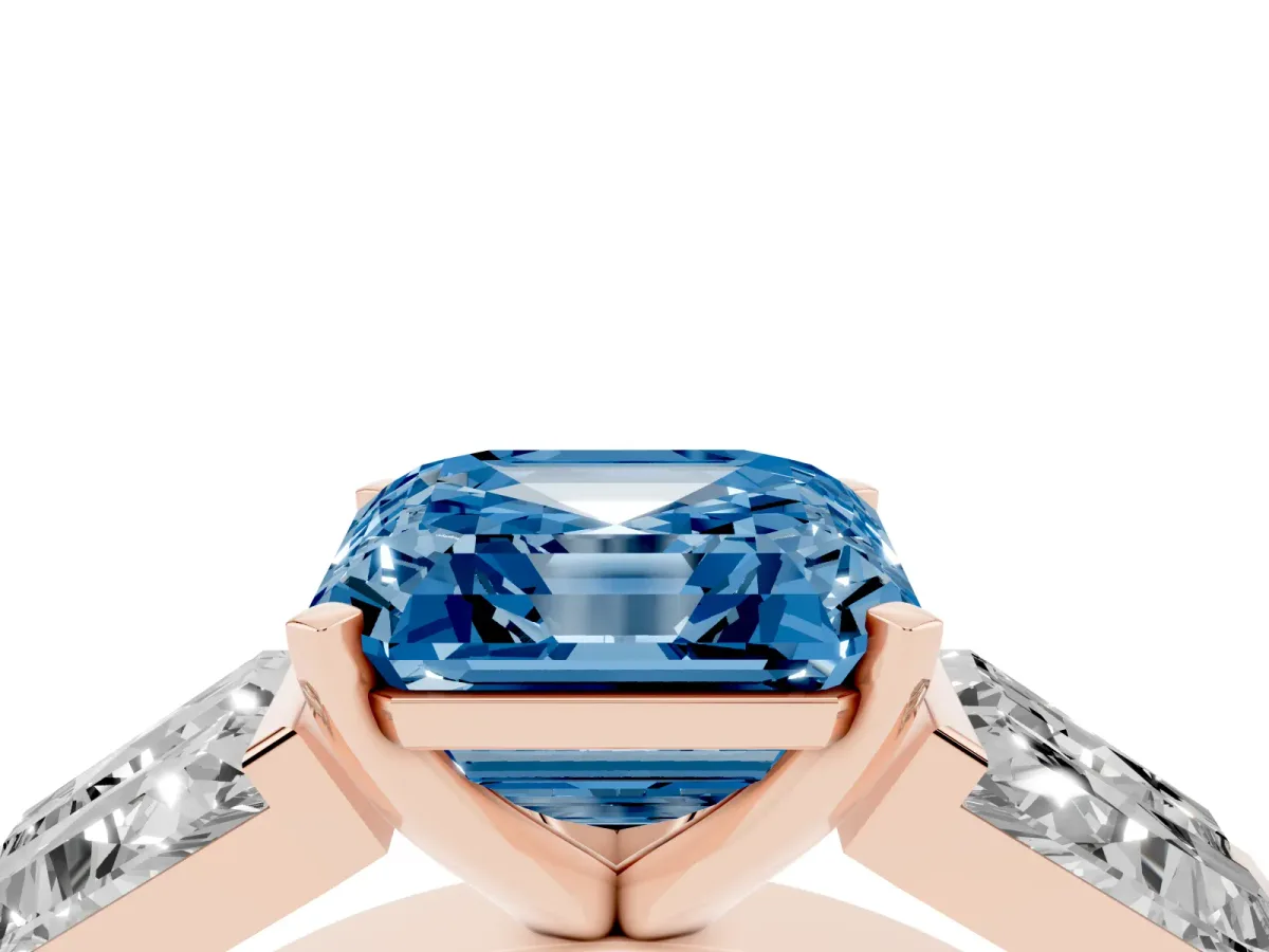 Fancy Blue Asscher Cut Diamond Engagement Ring with Baguette Side Stones and Channel Set Band Rose gold