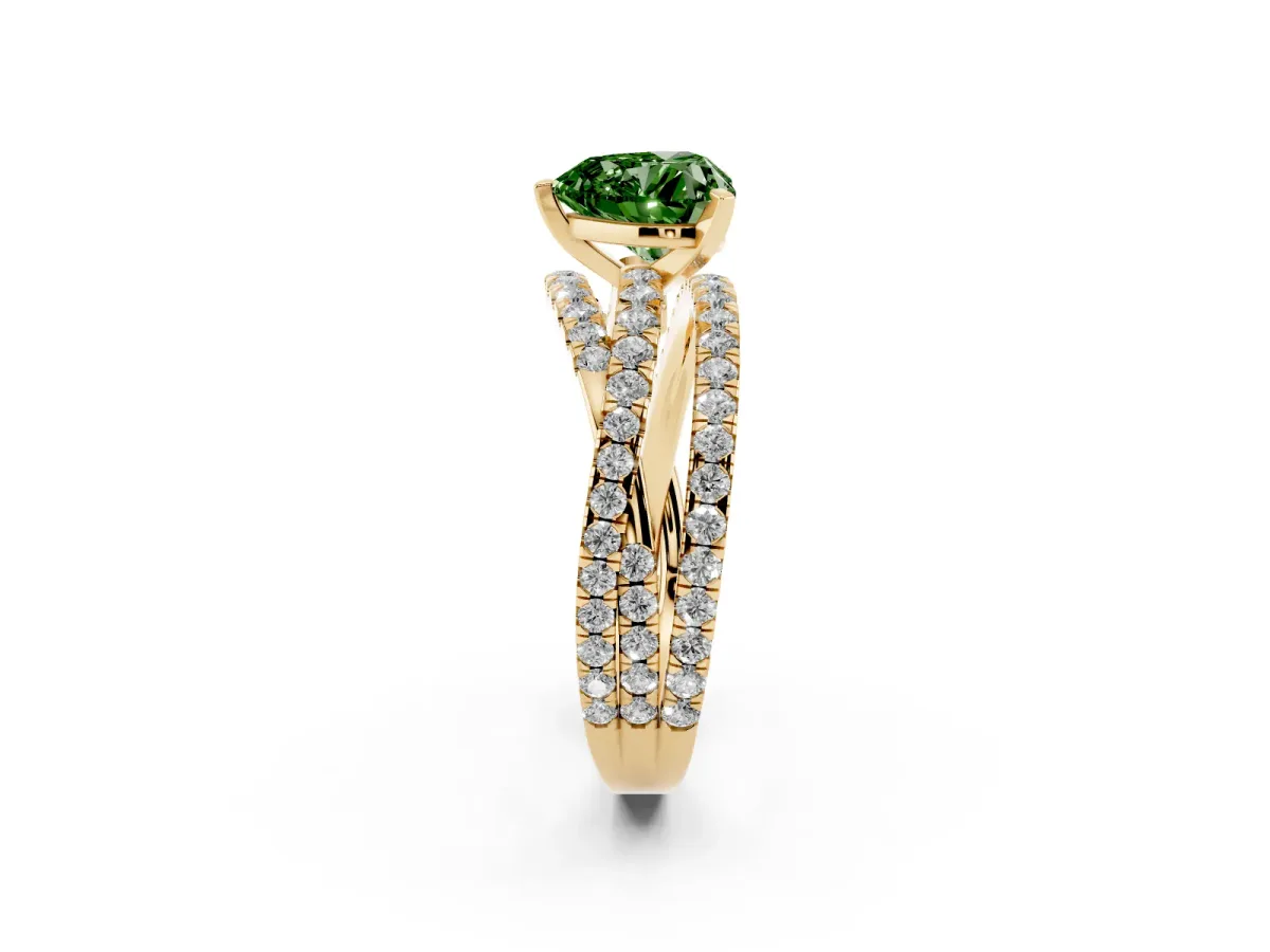 Fancy Green Heart Cut Solitaire Twist Band with Pavé Setting and Four-Prong Setting Yellow gold