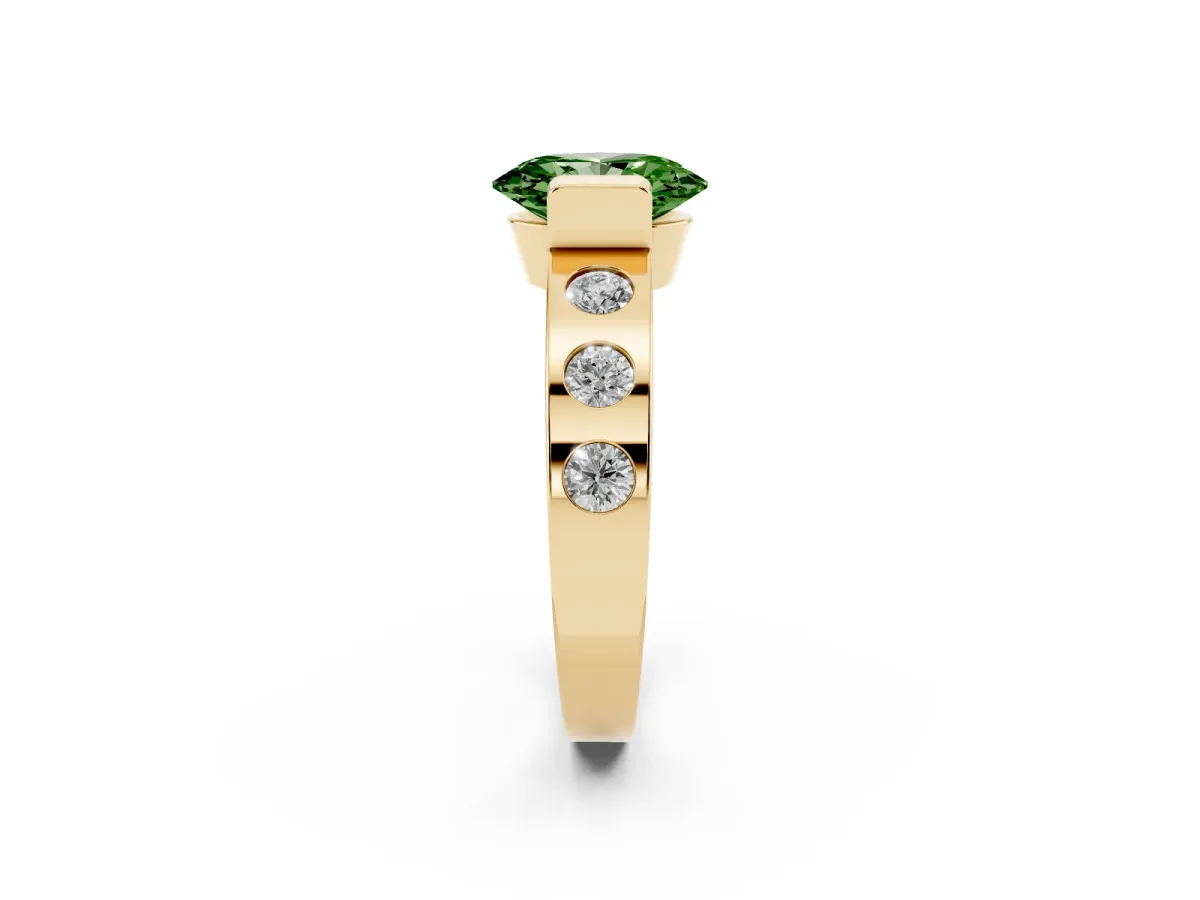 Fancy Green Oval Cut Brilliant Channel-Set Diamond Ring with Bezel Prong Setting Yellow gold