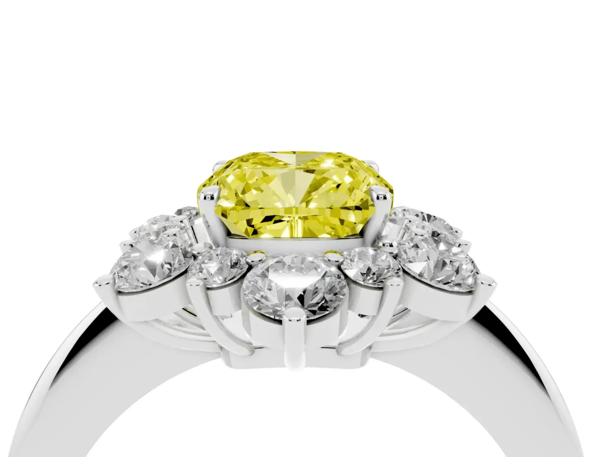 Fancy Yellow Cushion Cut Diamond Cluster Halo Ring with Solitaire Band and Four-Prong Setting Platinum