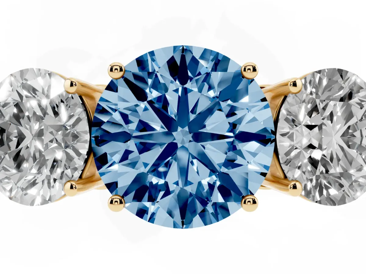 Fancy Blue Round Cut Diamond Three-Stone Ring with Prong Setting and Textured Band Yellow gold