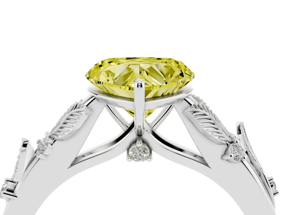 Fancy Yellow Heart Cut Diamond Solitaire Ring with Leaf Motif Band and Four-Prong Setting Silver