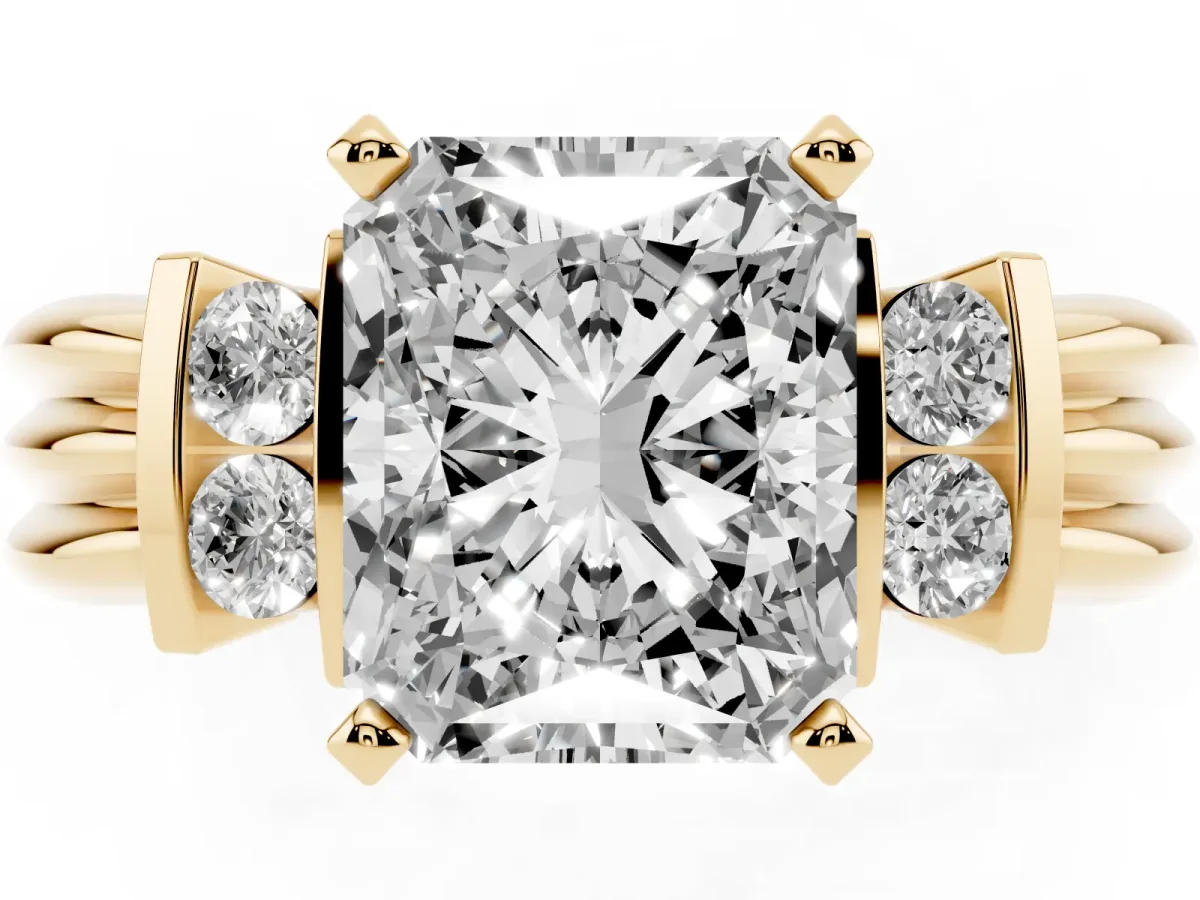 Radiant Cut Cut Three-Stone Channel Set Ring with Bar Prongs Yellow gold