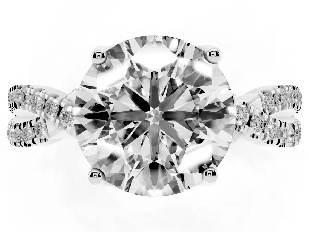 Round Cut Solitaire Twist Pave Diamond Engagement Ring with Prong Setting Silver