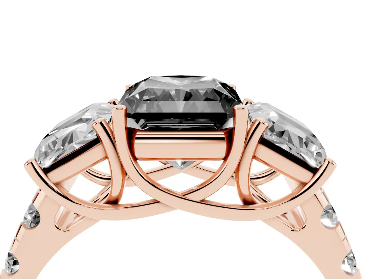 Fancy Black Three-Stone Radiant Cut Diamond Pavé Band with Prong Setting Rose gold