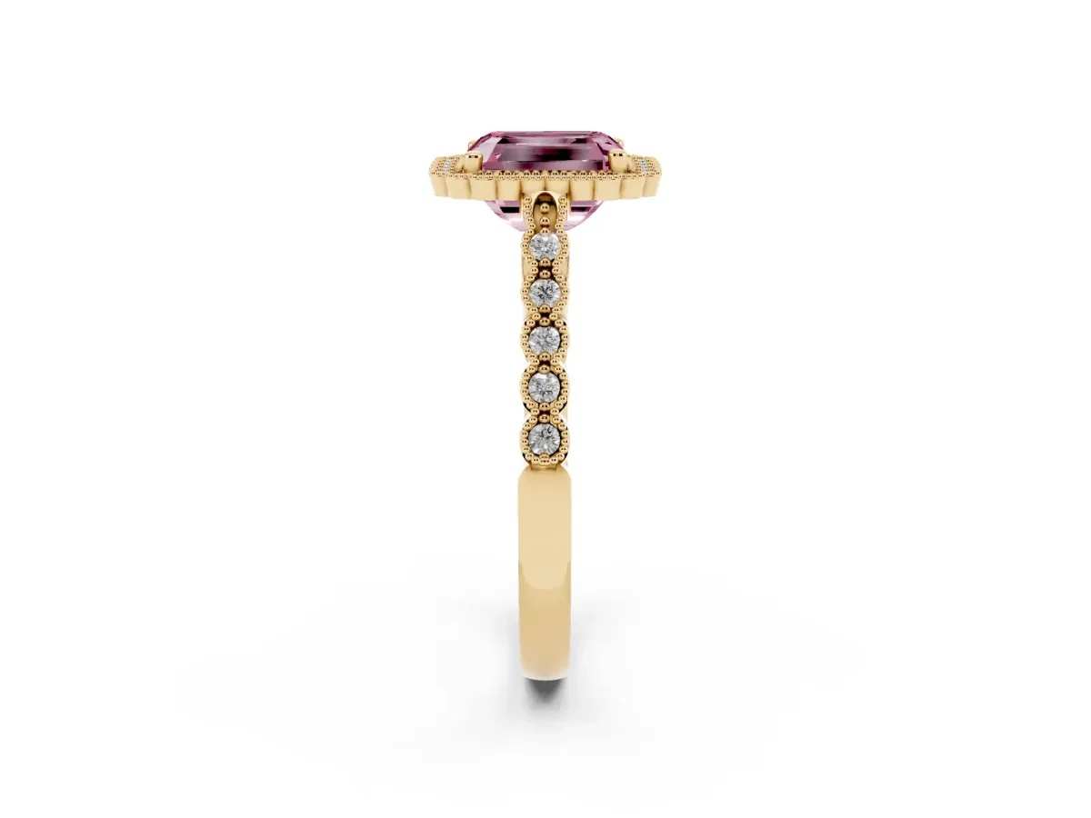Fancy Pink Radiant Cut Cut Halo Pavé Solitaire Ring with Milgrain Band Yellow gold