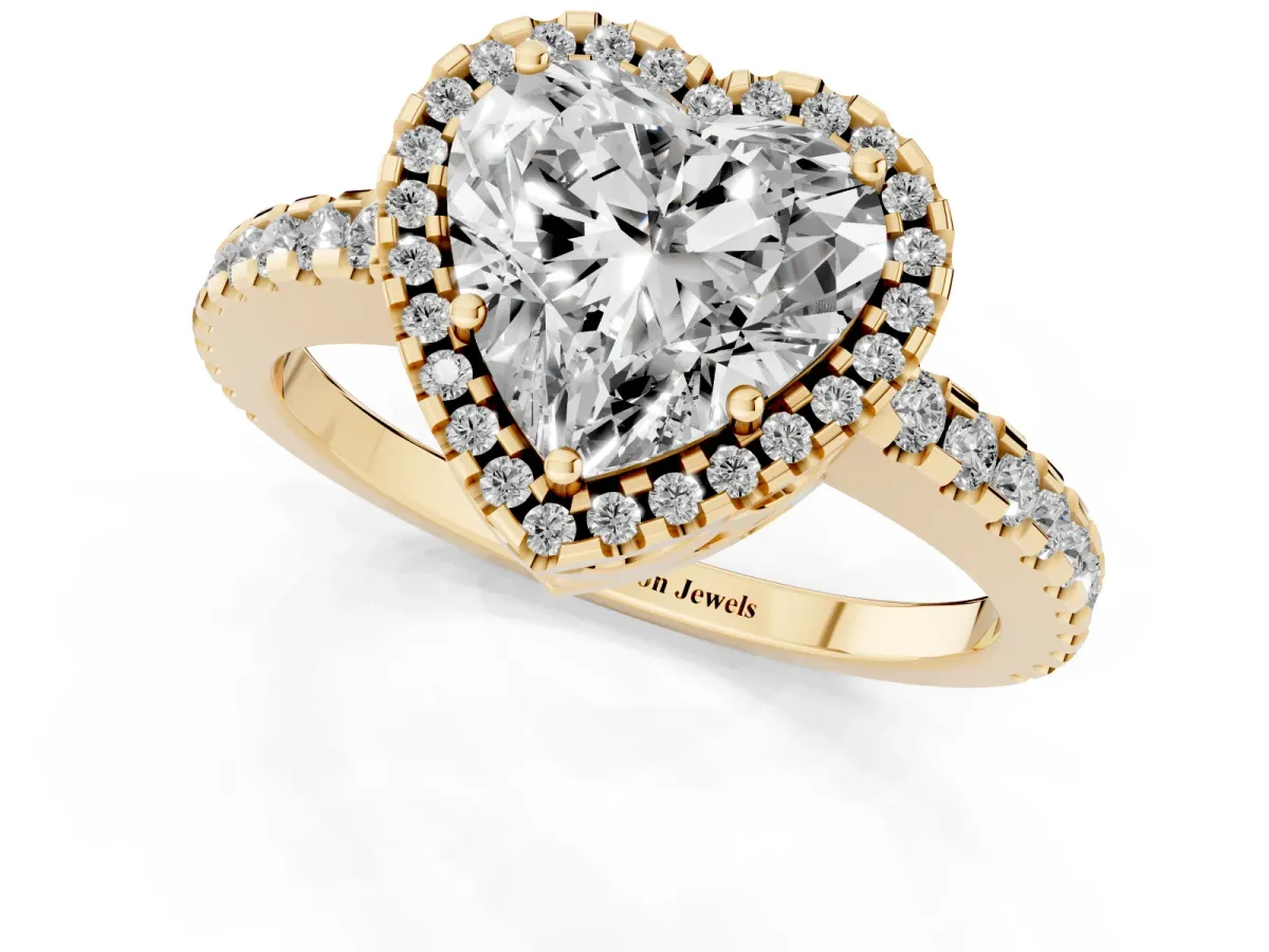 Heart Cut Diamond Halo Engagement Ring with Pavé Band and Prong Setting Yellow gold