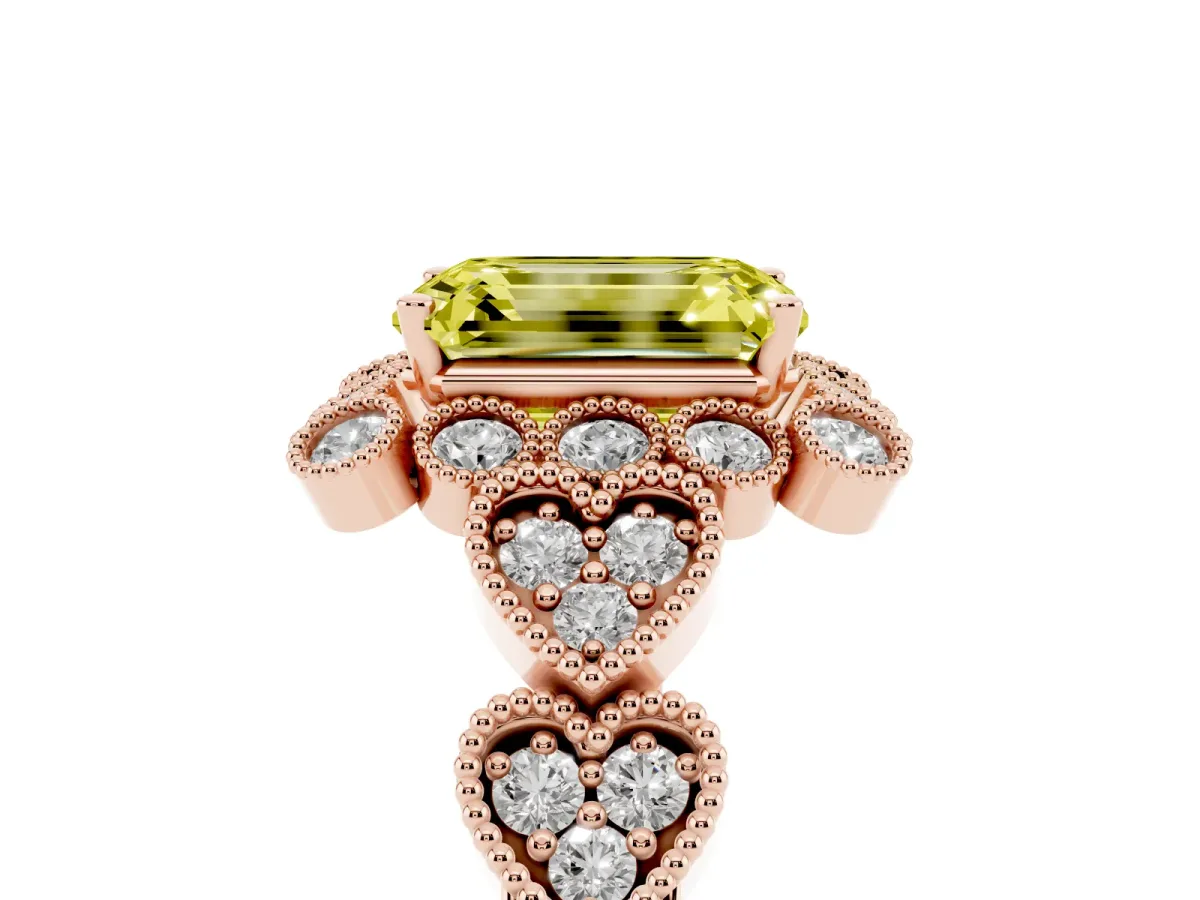 Fancy Yellow Emerald Cut Brilliant Milgrain Pave Heart Band Solitaire Ring Rose gold