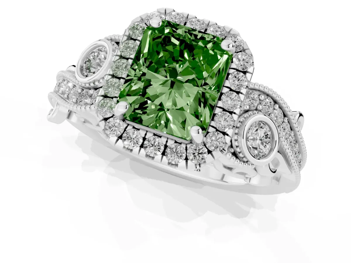 Fancy Green Radiant Cut Halo Diamond Ring with Milgrain and Bezel Accents on a Split Shank Band White gold