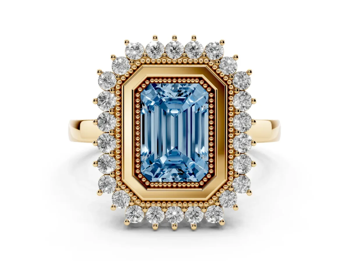 Fancy Blue Emerald Cut Halo Diamond Ring with Milgrain Edge and Round Prong Setting Yellow gold