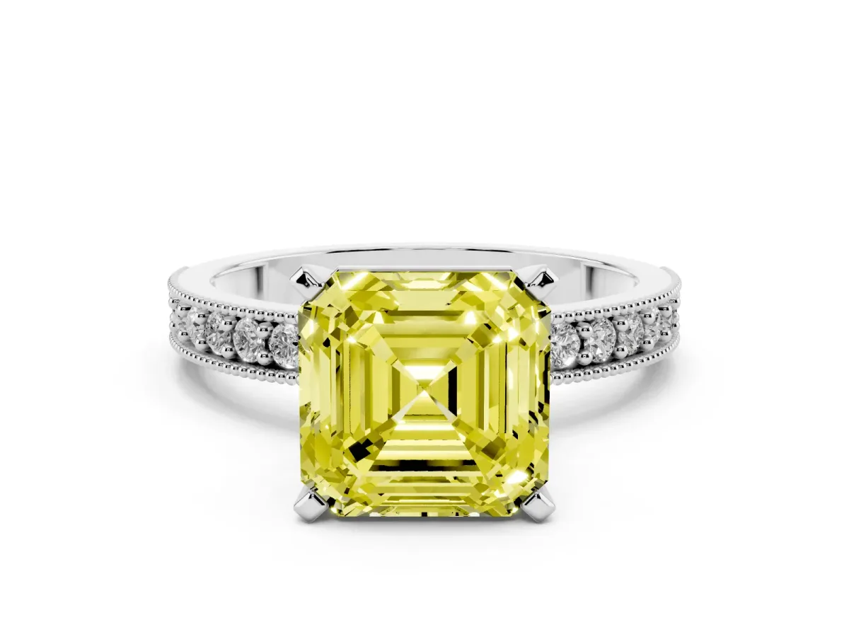 Fancy Yellow Asscher Cut Diamond Milgrain Pavé Engagement Ring with Four-Prong Setting Silver