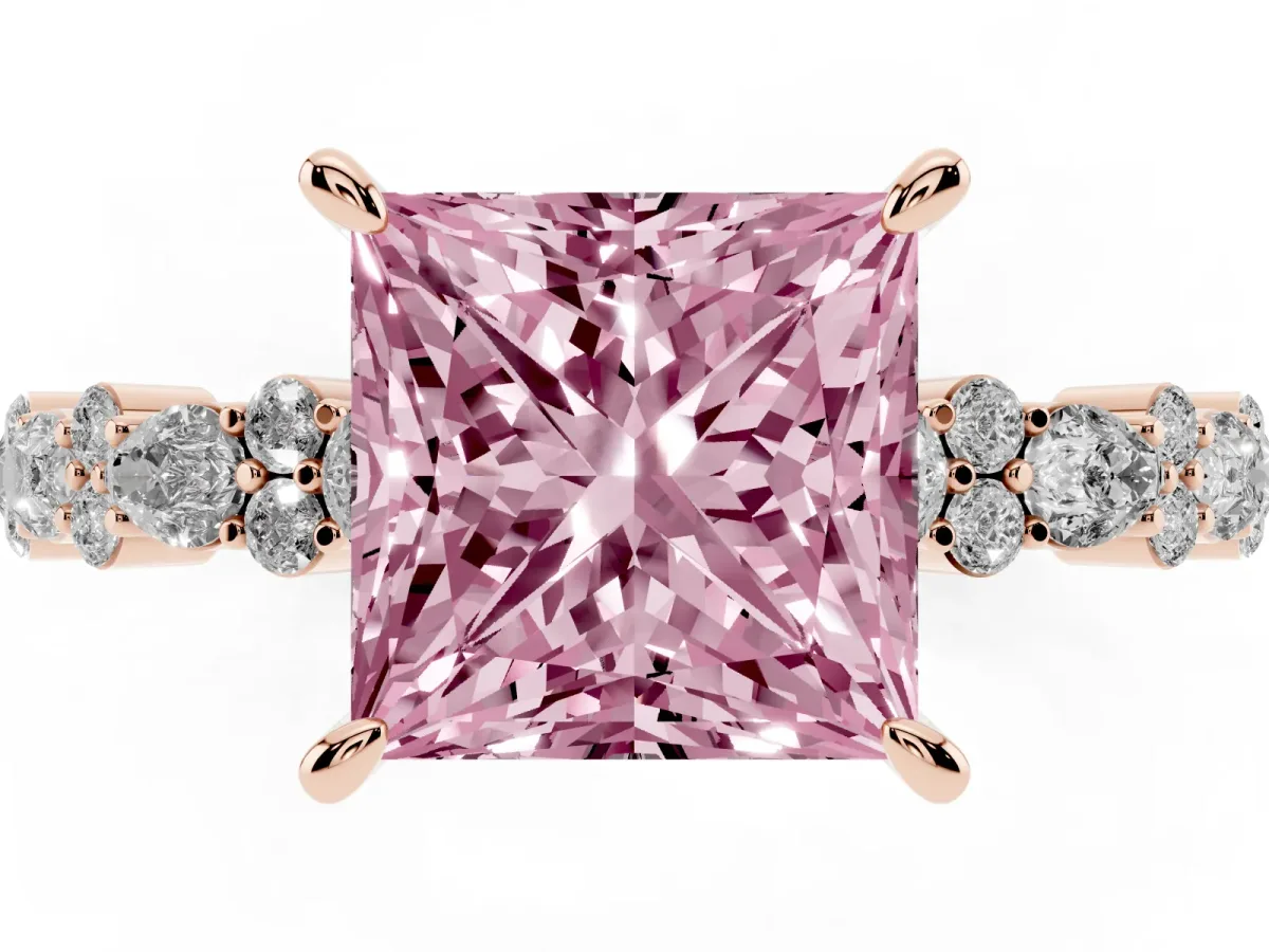 Fancy Pink Princess Cut Diamond Side Stone Solitaire Ring with Round and Four-Prong Setting Rose gold
