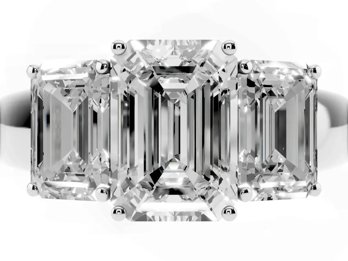 Three-Stone Emerald Cut Cut Diamond Ring with Prong Setting and Classic Band Silver