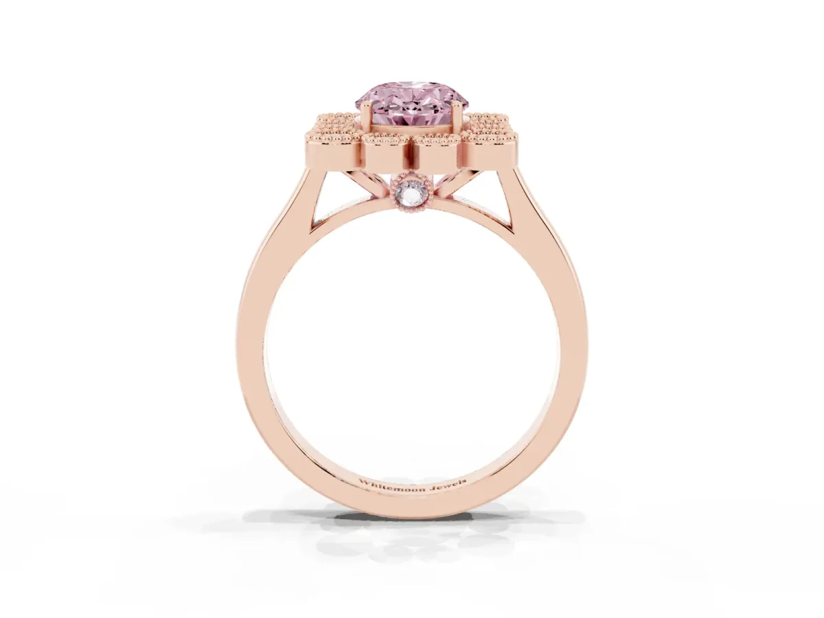 Fancy Pink Oval Cut Halo Diamond Cluster Engagement Ring with Milgrain Bezel Setting and Solitaire Band Rose gold