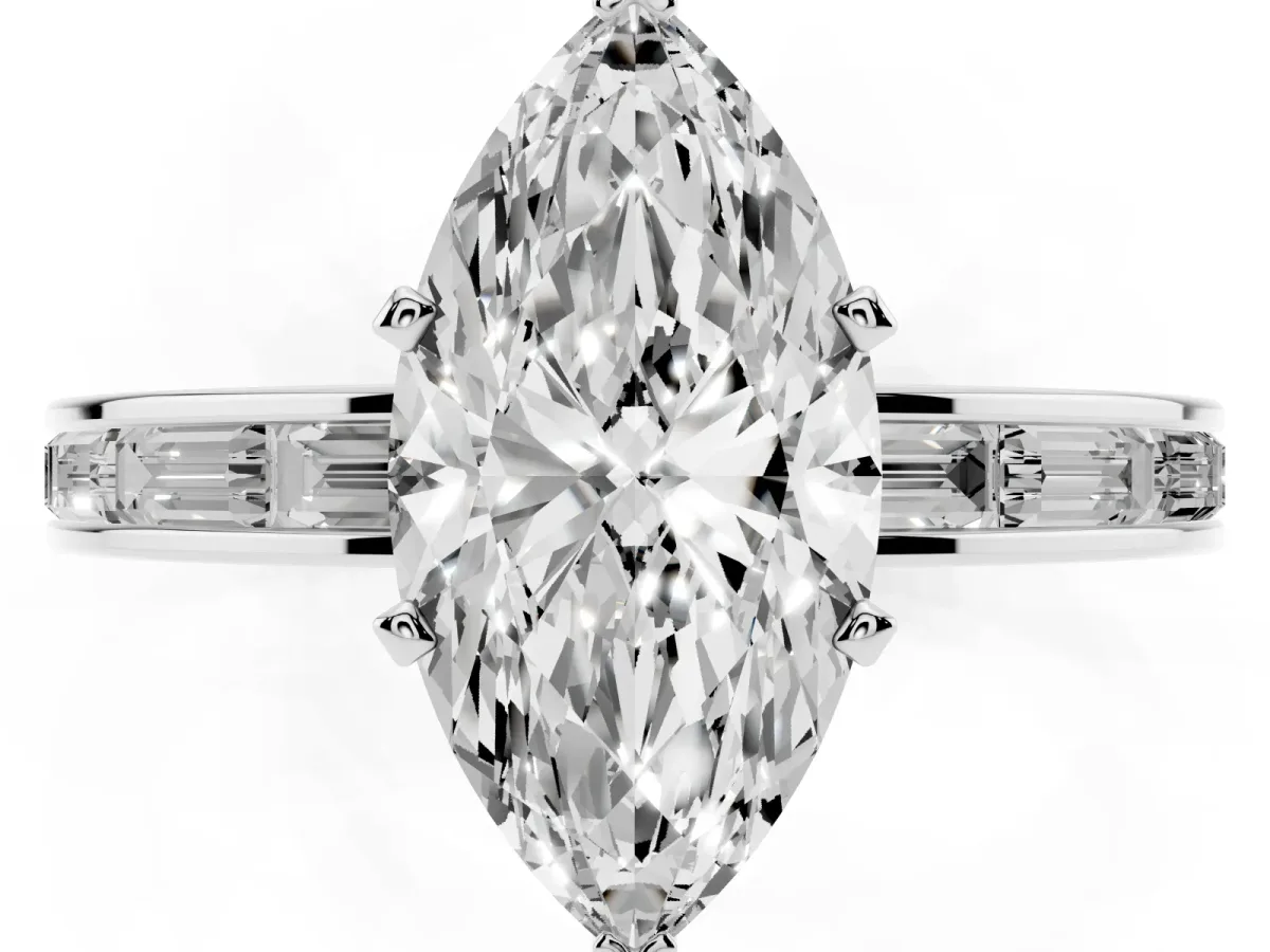 Marquise Cut Solitaire Diamond Ring with Channel-Set Baguette Band and Four-Prong Setting Platinum