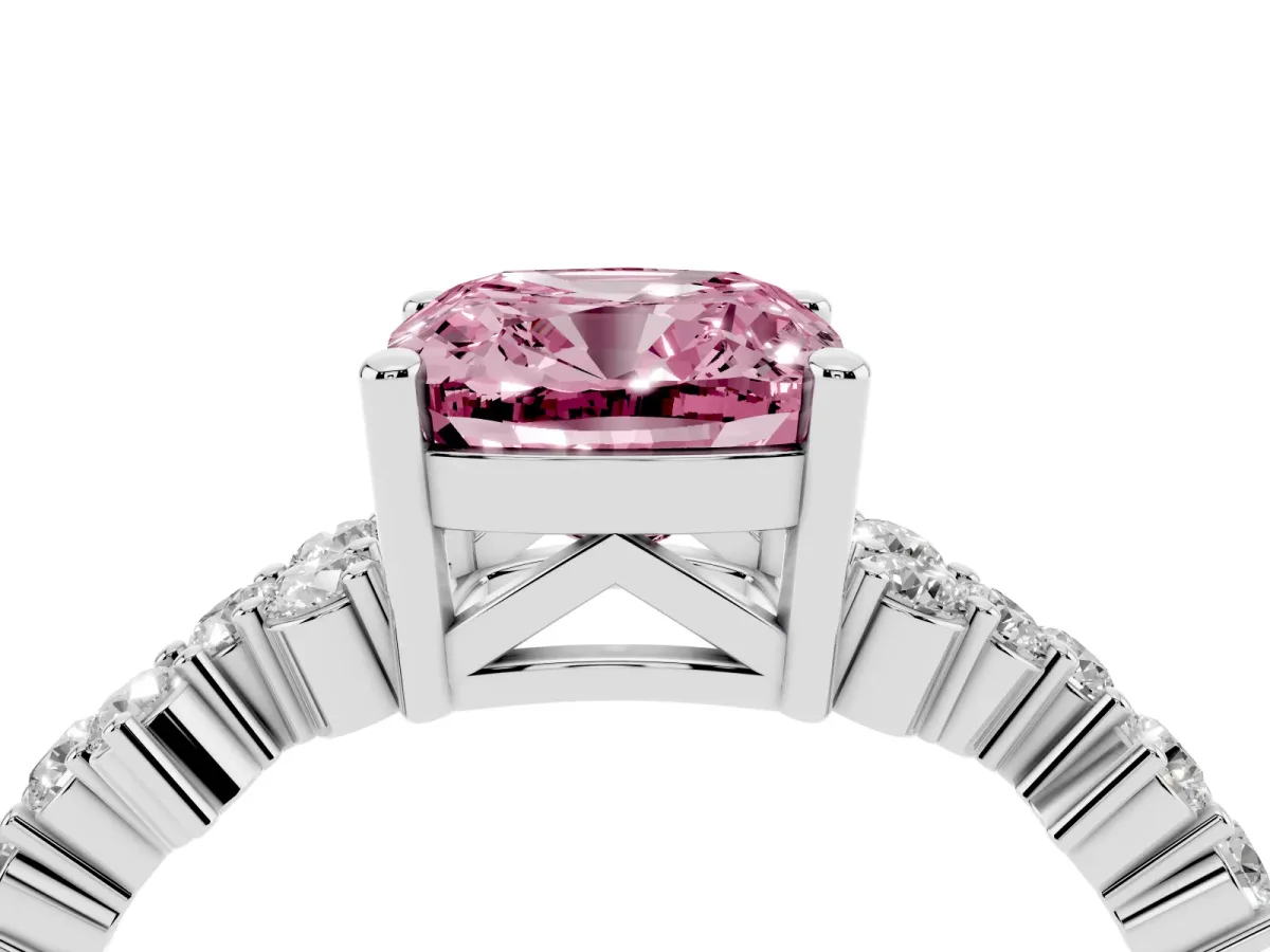 Fancy Pink Cushion Cut Diamond Scattered Round Accent Ring with Prong Setting White gold