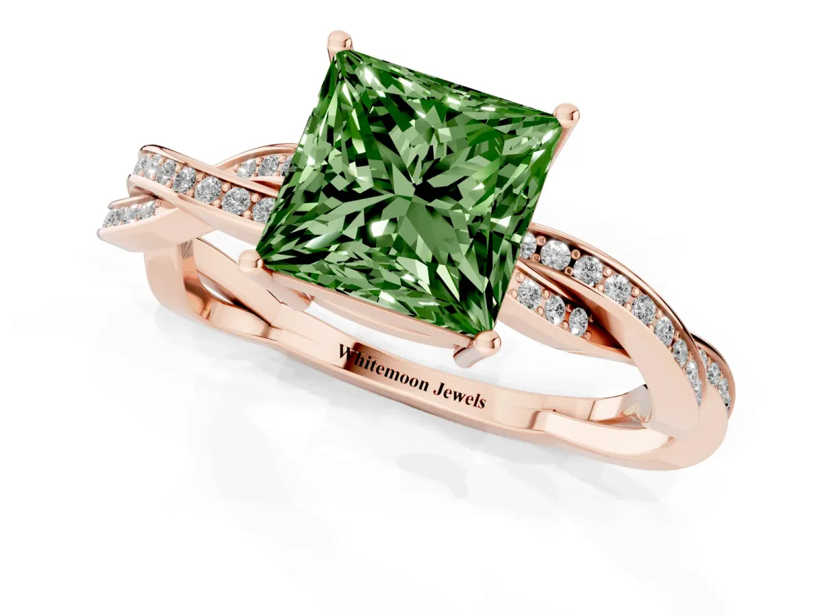Fancy Green Princess Cut Solitaire Twisted Pave Diamond Ring with Four-Prong Setting Rose gold