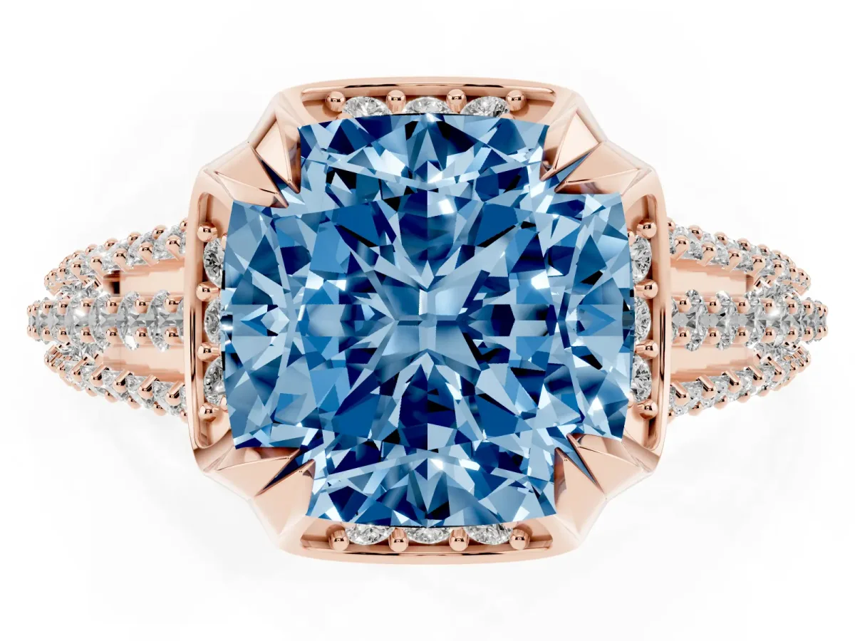 Fancy Blue Cushion Cut Solitaire Pave Split Shank Ring with Four-Prong Setting Rose gold