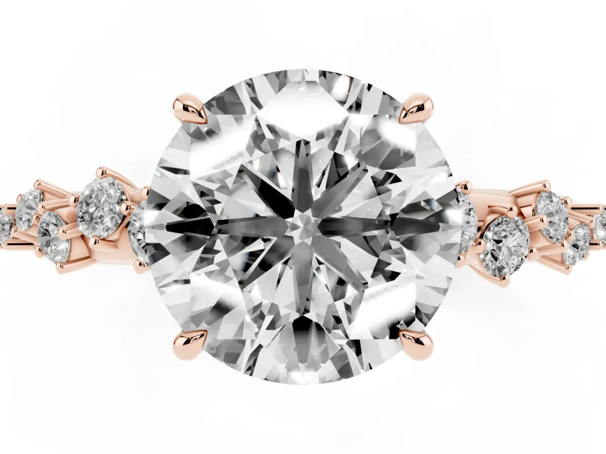 Round Cut Diamond Cluster Side Stone Solitaire Ring with Prong Setting Rose gold