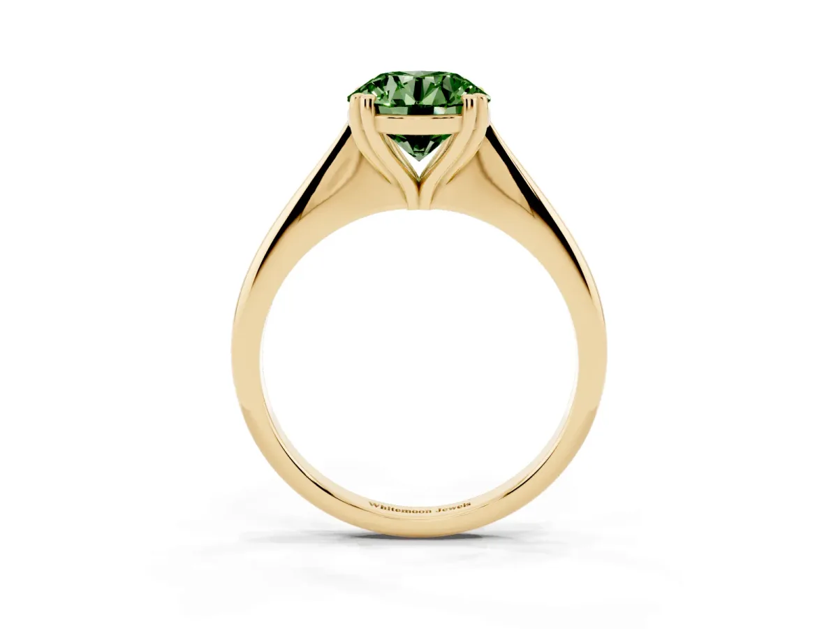 Fancy Green Round Cut Solitaire Diamond Ring with Six-Prong Setting and Classic Band Yellow gold