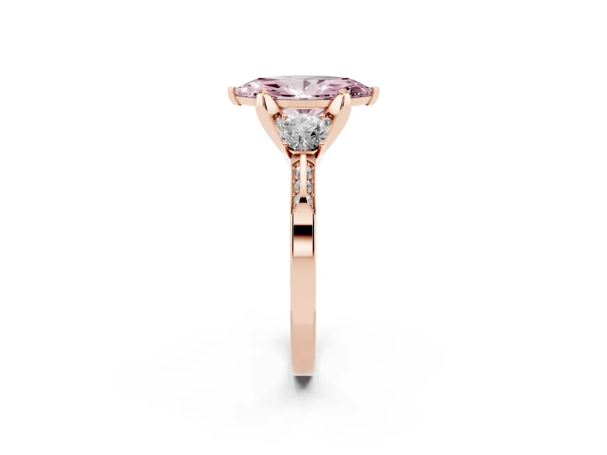Fancy Pink Marquise Cut Brilliant Three-Stone Diamond Ring with Pavé Band and Four-Prong Setting Rose gold