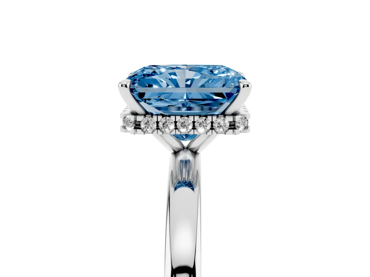 Fancy Blue Radiant Cut Solitaire Engagement Ring with Cathedral Band and Four-Prong Setting Silver