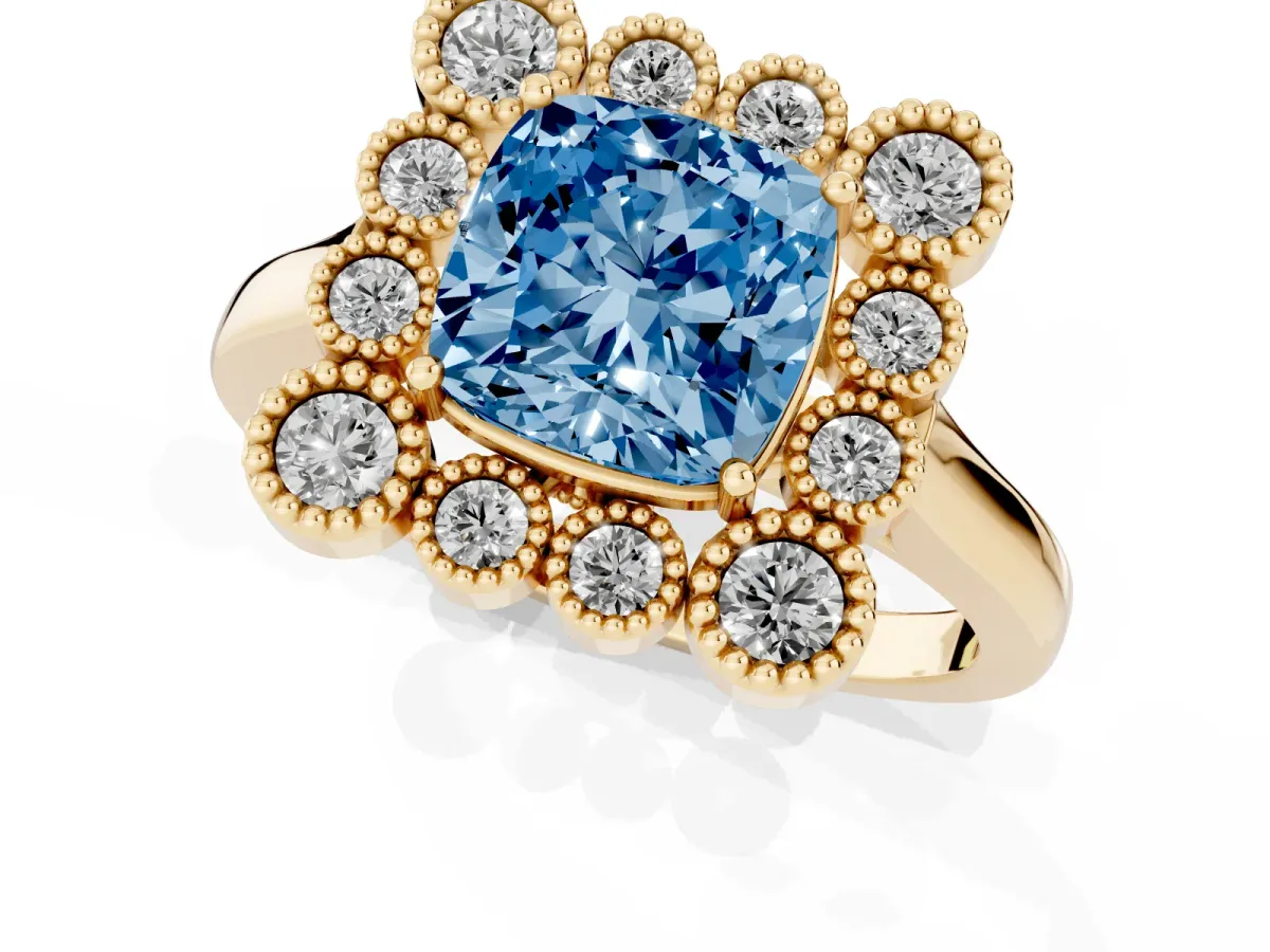 Fancy Blue Cushion Cut Halo Diamond Cluster Engagement Ring with Milgrain Bezel Setting and Solitaire Band Yellow gold