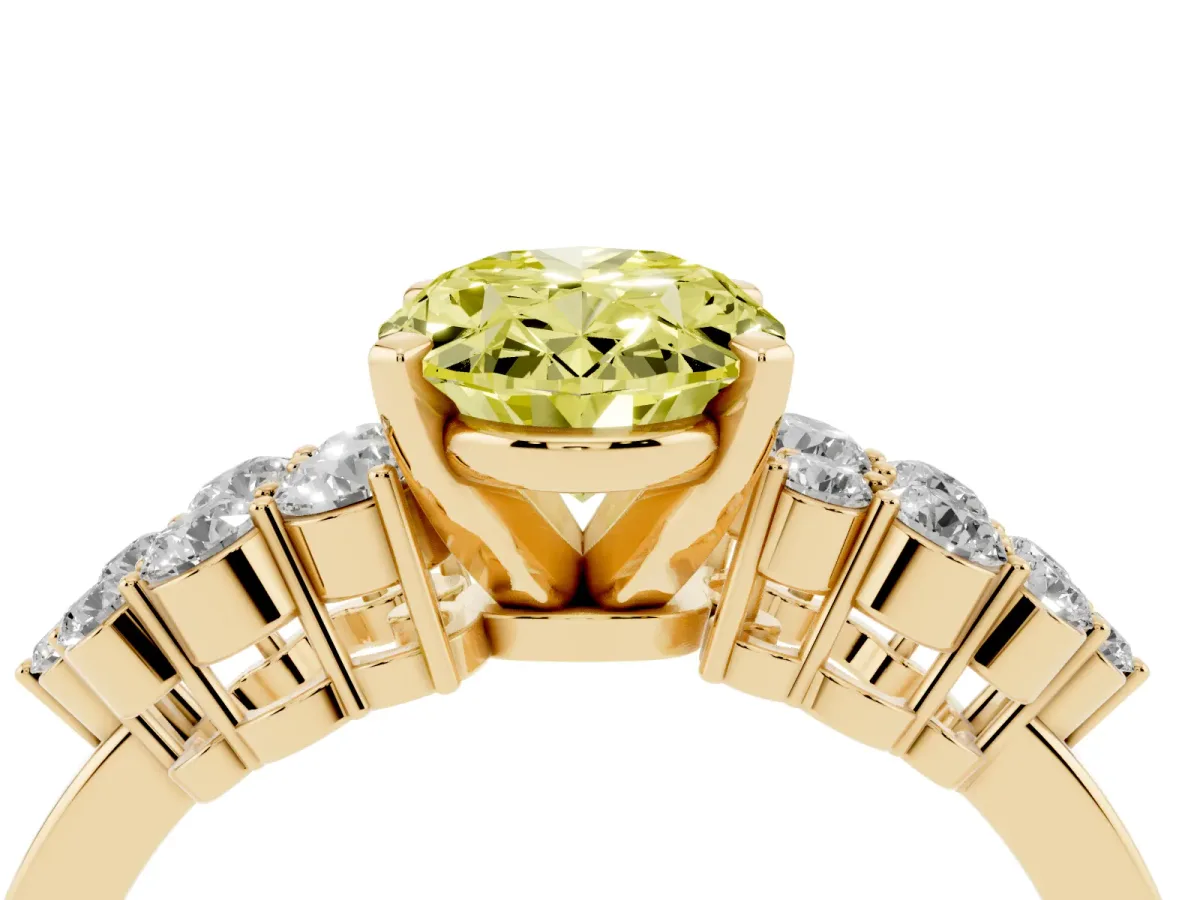 Fancy Yellow Oval Cut Cluster Diamond Engagement Ring with Pavé Band and Four-Prong Setting Yellow gold