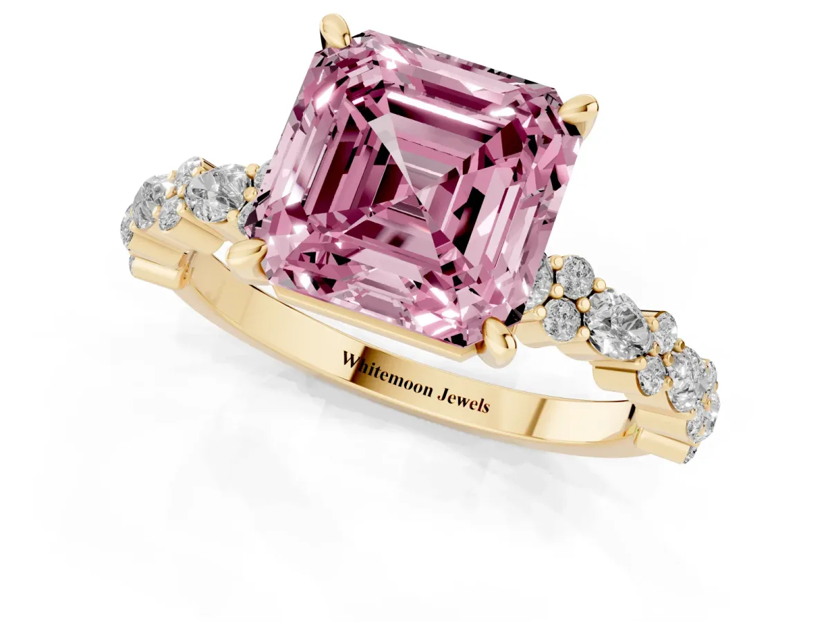 Fancy Pink Asscher Cut Diamond Side Stone Solitaire Ring with Round and Four-Prong Setting Yellow gold