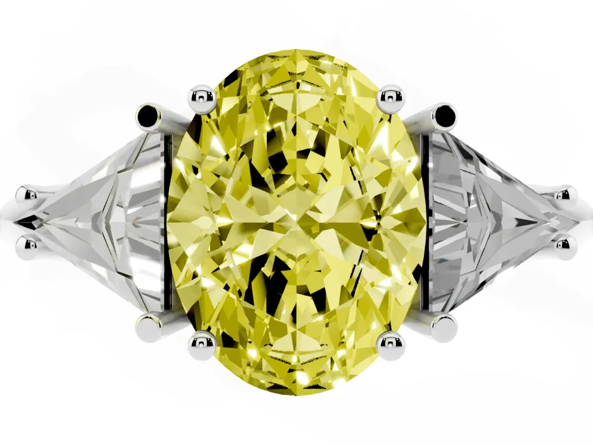 Fancy Yellow Three-Stone Oval Cut Diamond Engagement Ring with Trillion Side Stones and Prong Setting Silver