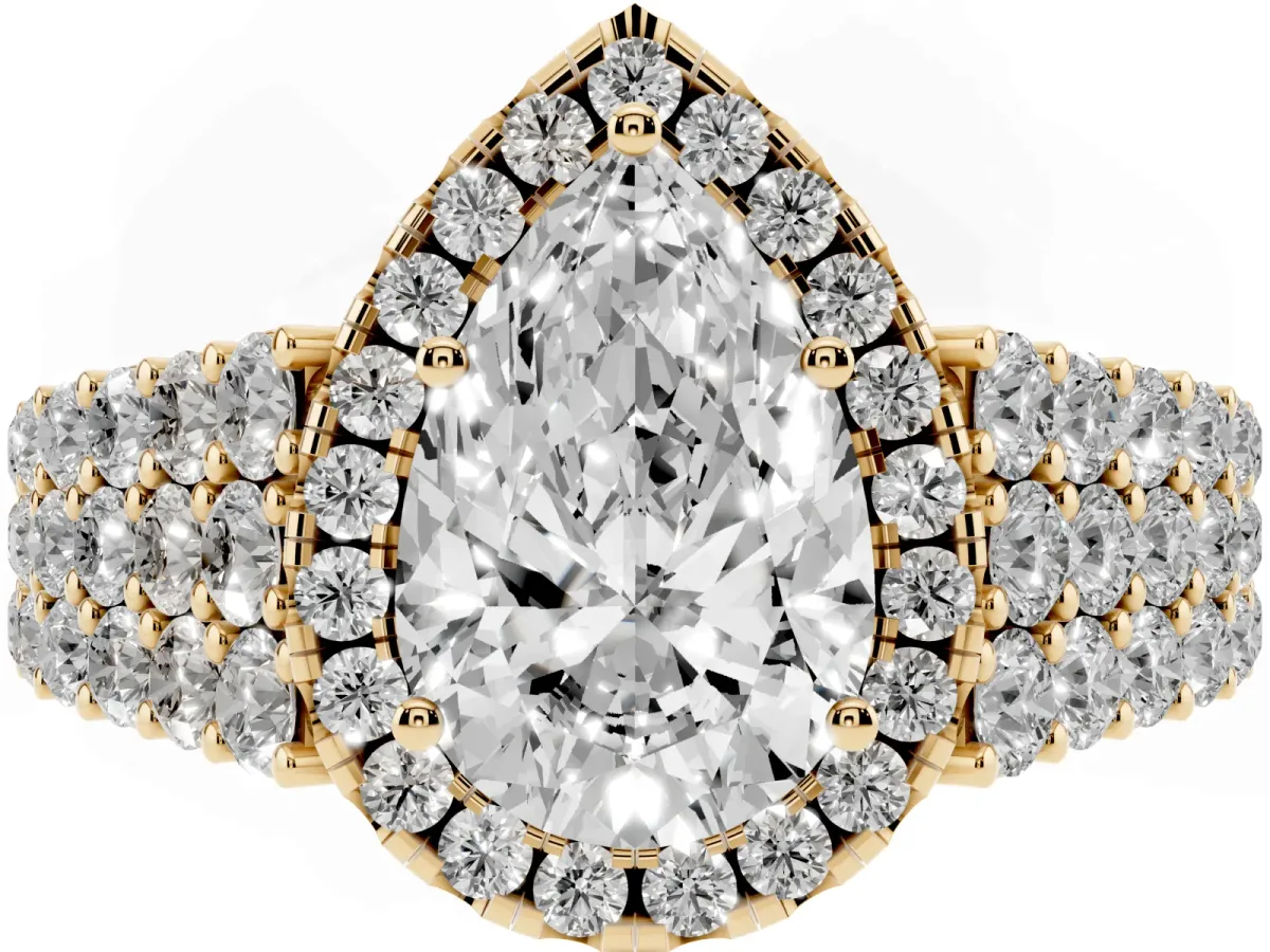 Pear Cut Diamond Halo Engagement Ring with Triple Row Round Pavé Band and Prong Setting Yellow gold
