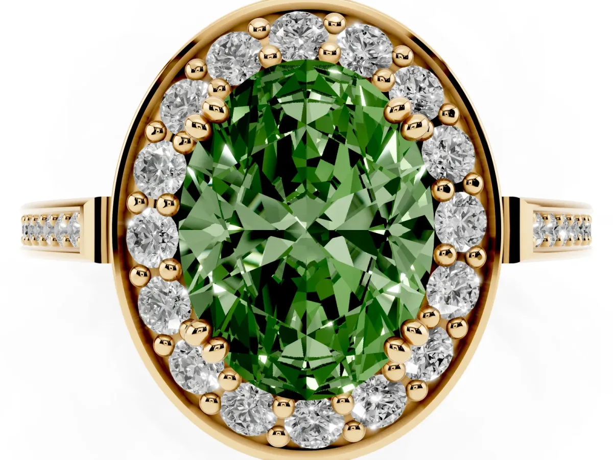 Fancy Green Oval Cut Diamond Halo Ring with Split Shank and Four-Prong Setting Yellow gold