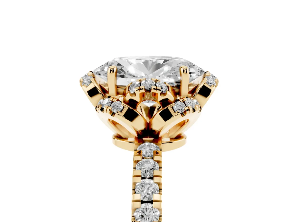 Oval Cut Halo Diamond Pave Band Ring with Four-Prong Setting Yellow gold