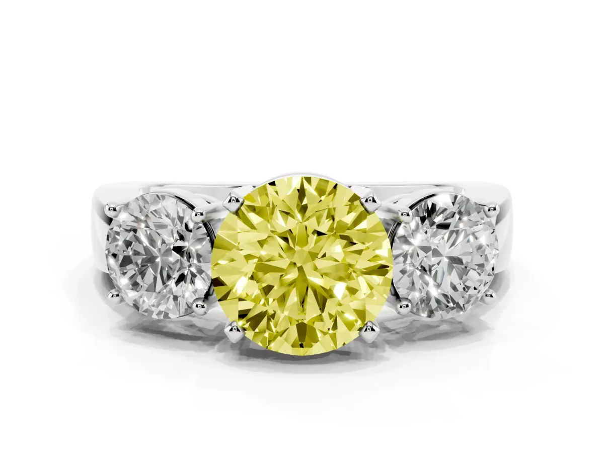 Fancy Yellow Three-Stone Round Cut Diamond Ring with Round Side Stones, Classic Band, and Four-Prong Setting White gold