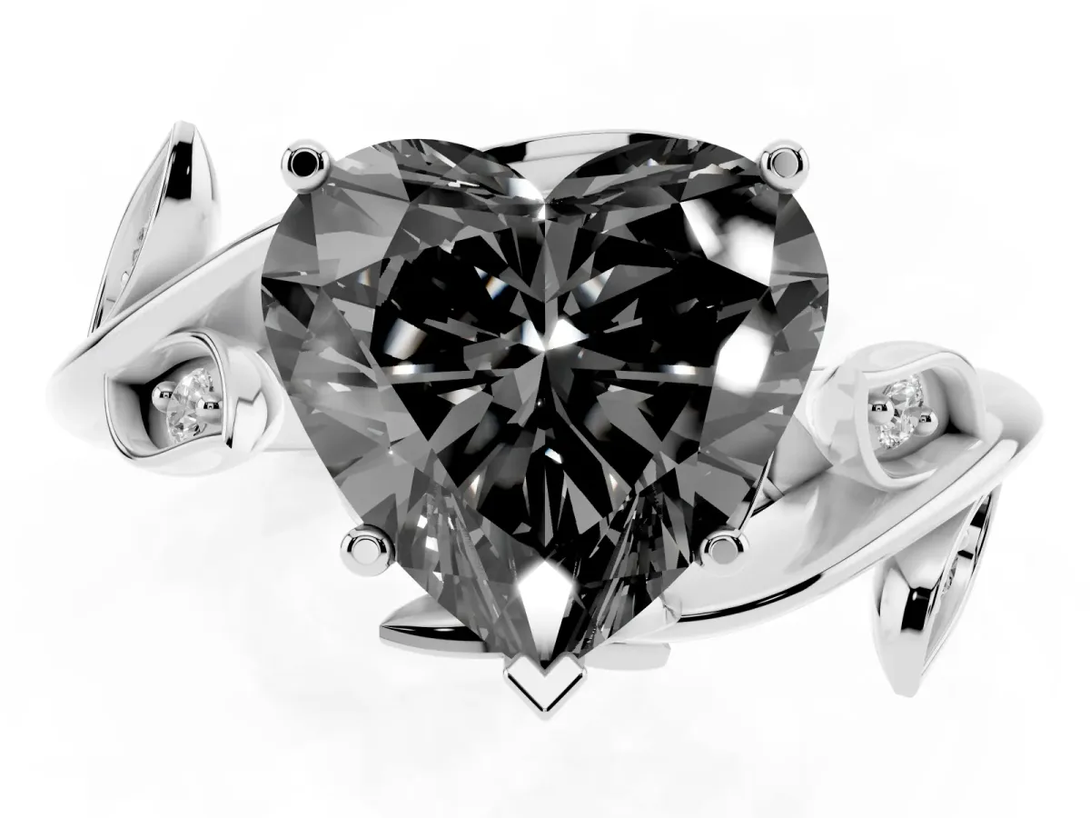 Fancy Black Heart Cut Solitaire Twist Engagement Ring with Leaf Accents and Prong Setting Platinum