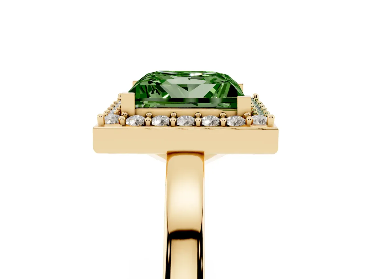 Fancy Green Princess Cut Halo Diamond Ring with Solitaire Band and Prong Setting Yellow gold