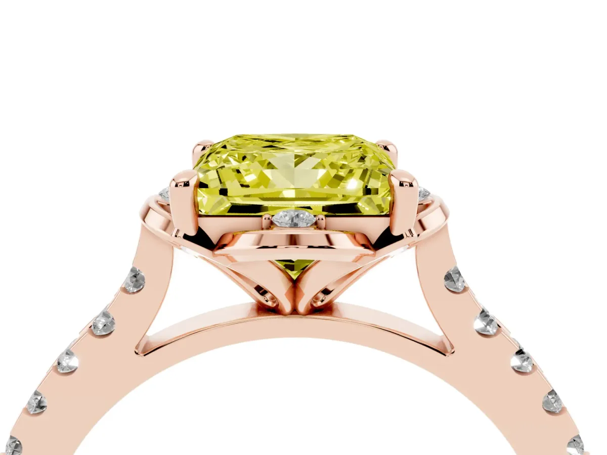 Fancy Yellow Princess Cut Diamond Ring with Pavé Band and Floral Prong Setting Rose gold