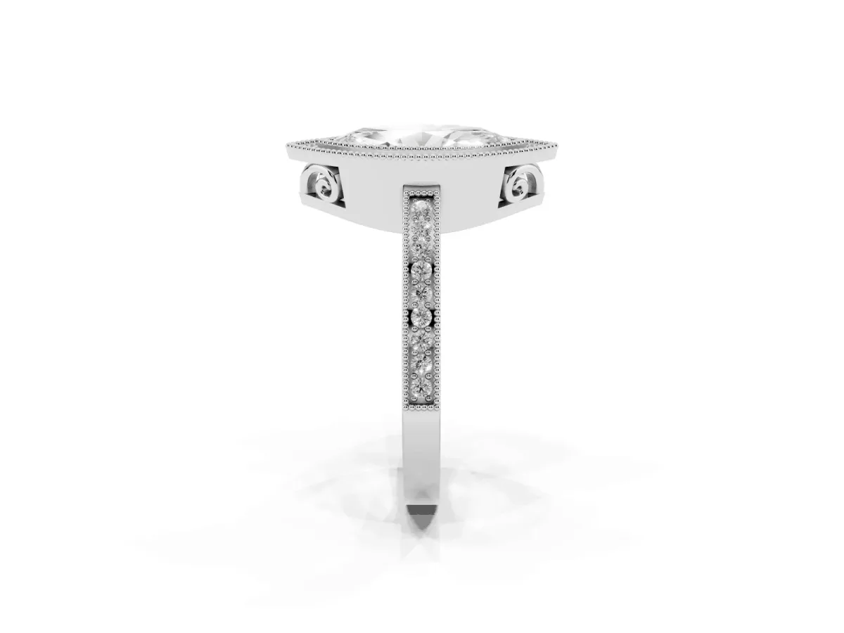 Marquise Cut Cut Halo Diamond Ring with Pavé Band and Milgrain Prong Setting White gold