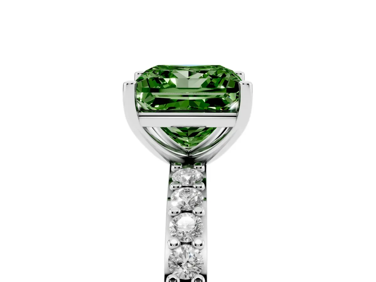 Fancy Green Princess Cut Cut Diamond Solitaire with Pave Band and Four-Prong Setting Silver